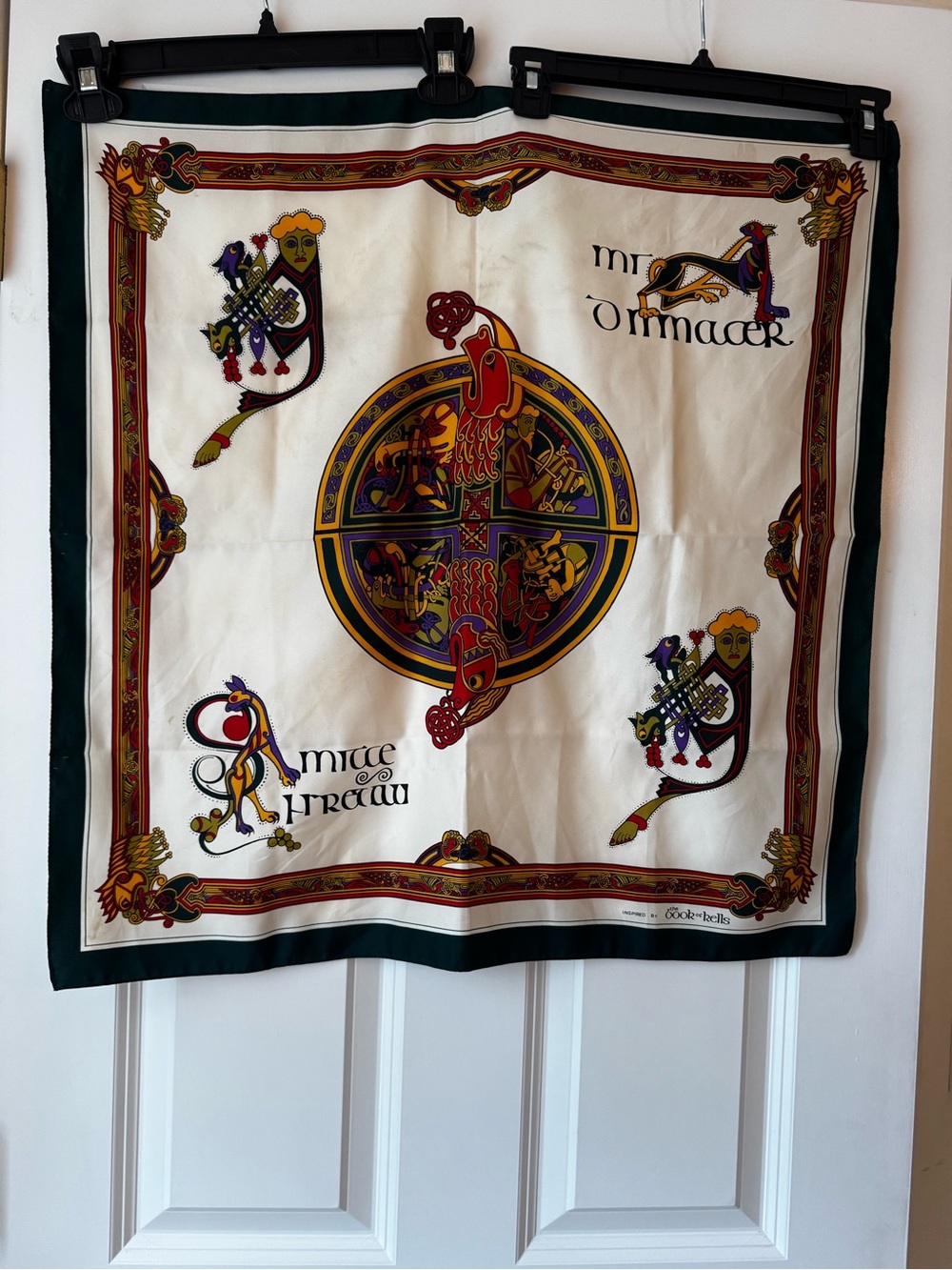 Cream Celtic Medallion Silk-Style Scarf with Green Border